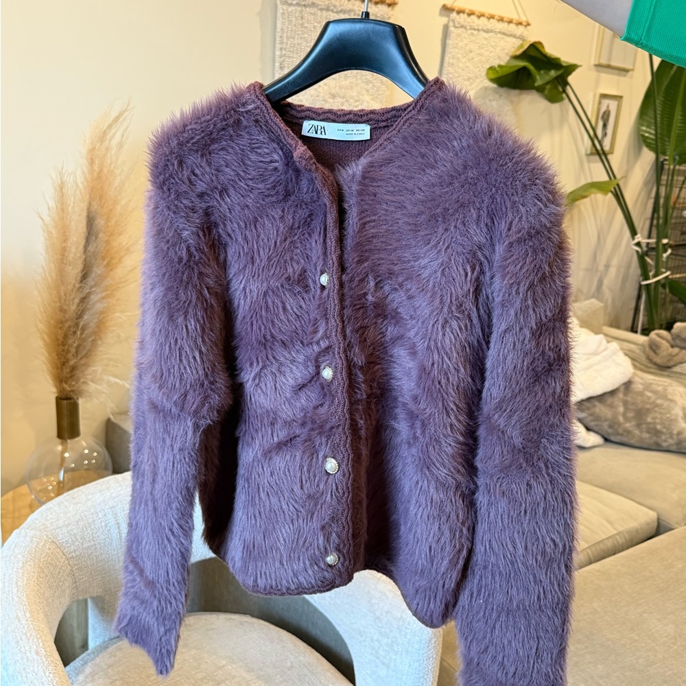 Zara Purple Faux Fur Fuzzy Cardigan M - Picture 2 of 14